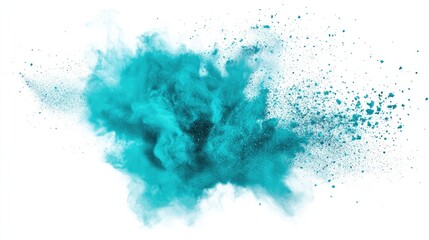 Turquoise colored powder in an explosive motion on a white background, highlighting the bright and captivating hue. Great for festival visuals and printing materials.