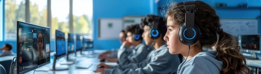 Teacher utilizing digital classroom management, students engaging with elearning software, structured virtual school routine