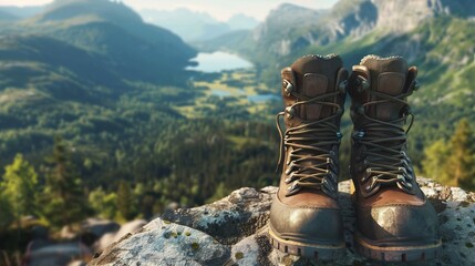 Hiking boots on mountain peak. Close up of hiking boots on a rocky summit overlooking a picturesque mountain range.  The boots are laced up and ready for adventure.