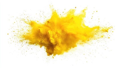 Vibrant yellow powder explosion, isolated against a white backdrop, showcasing the intense color and dynamic movement. Ideal for industrial printing purposes.
