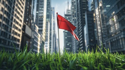 Fototapeta premium Red flag in grass with city buildings background. A single red flag is planted in a patch of green grass, with a backdrop of tall, modern city buildings.
