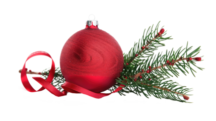 red christmas balls decoration with evergreen fir branches isolated on white or transparent png