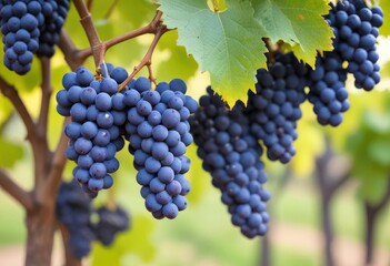 Naklejka premium blue wine grapes on branch and blurred background, ai