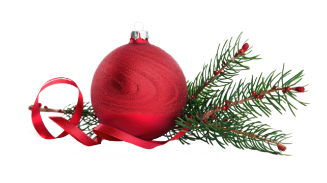 red christmas balls decoration with evergreen fir branches isolated on white or transparent png