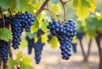 blue wine grapes on branch and blurred background, ai