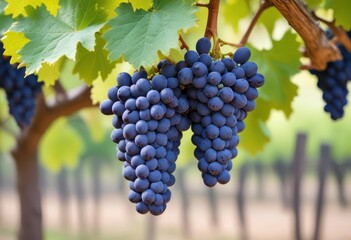Fototapeta premium blue wine grapes on branch and blurred background, ai