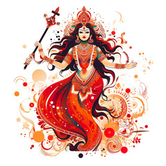 A woman in a red dress is holding a stick and appears to be dancing