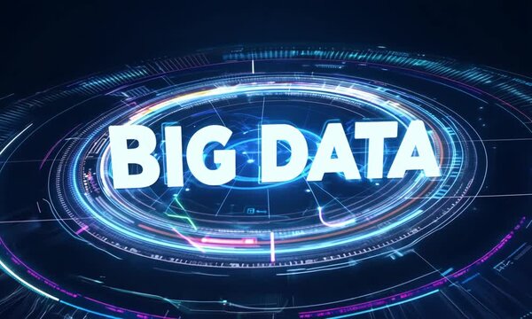Big Data:  A futuristic concept with a bold white "BIG DATA" text on a digital interface with circular glowing patterns. The text shines with a neon-like glow, making it stand out from the surrounding