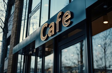 a beautiful modern building with a golden sign "Cafe"
