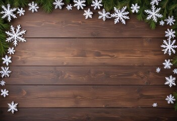 christmas snowflake background on wooden table with copy space, ai