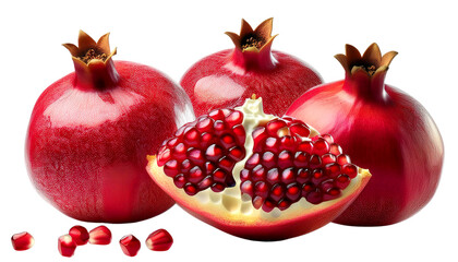 Fresh and vibrant pomegranates with juicy seeds displayed in an artistic arrangement for culinary or health concepts.