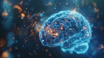 Obraz premium Digital brain with glowing lights. Abstract image of a blue digital brain with glowing lights, representing innovation, technology, and intelligence.
