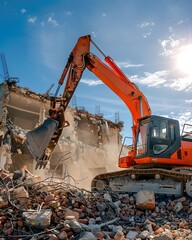 orange excavator destroying building