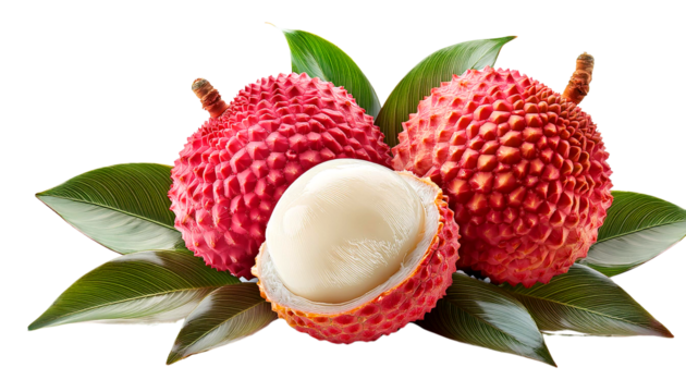 Fresh lychee with vibrant red skin and juicy white flesh, surrounded by green leaves for a tropical touch.