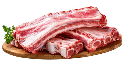 Obraz premium Fresh pork ribs on a wooden plate, ideal for grilling, barbecuing, or slow cooking. Perfect for delicious savory dishes.