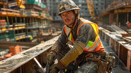 Construction worker taking a break on a busy urban construction site during daylight hours