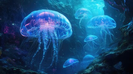 Obraz premium A mystical underwater world with giant glowing jellyfish and fantastical sea creatures.
