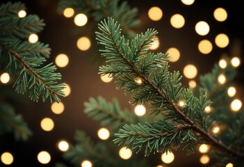 christmas fir branches with bokeh lights, ai