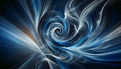 A dynamic abstract background with swirling blue and white lines creating a sense of movement and energy