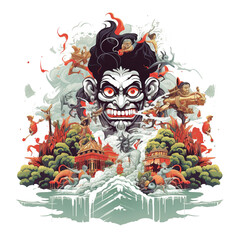 A painting of a man with a demonic face and a background of a forest