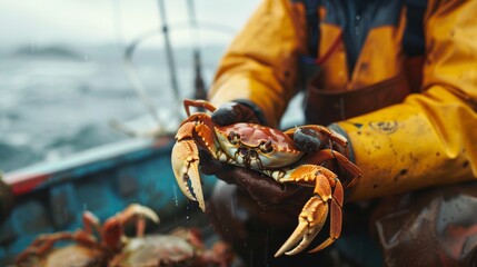 A fisherman holds a crab on a boat in the Bering Sea