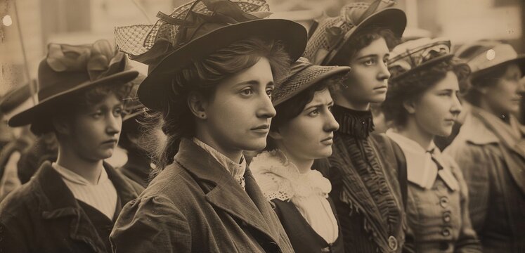 Vintage photo of women in hats. A vintage photograph depicting a row of women in stylish hats, captured in a candid moment from the past.