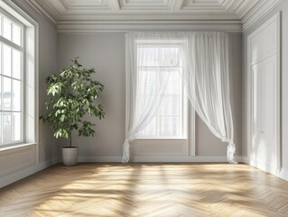 Obraz premium A large room with a white curtain and a potted plant. The room is empty and has a clean, minimalist look