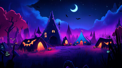 Enchanted Halloween forest with glowing tents and crescent moon, halloween
