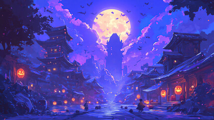Halloween night in a mystical, lantern-lit town, halloween