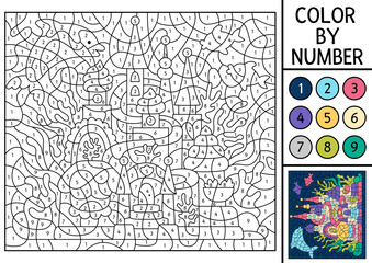 Vector mermaid color by number activity with cute sea palace, fish, dolphin. Marine landscape scene. Black and white counting game. Ocean kingdom coloring page for kids with underwater castle