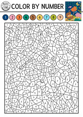 Vector mermaid color by number activity with cute sea princess swimming to treasure chest. Marine landscape scene. Black and white counting game. Ocean kingdom coloring page for kids