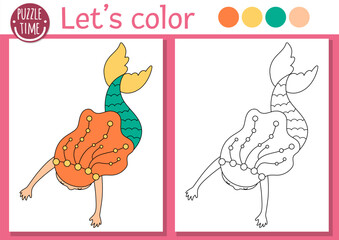 Mermaid coloring page for children with cute sea princess. Vector ocean kingdom outline illustration. Color book for kids with colored example. Underwater drawing skills printable worksheet