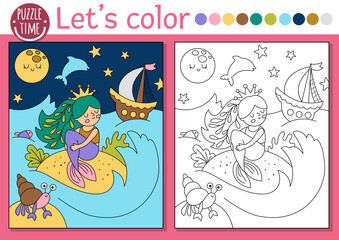 Mermaid coloring page for children with sea princess, ship, night sky. Vector outline illustration with ocean kingdom scene. Color book for kids. Underwater drawing skills printable worksheet
