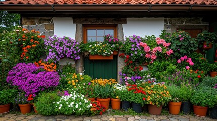 Naklejka premium Entrance To An Old Stone European House With Potted Plants