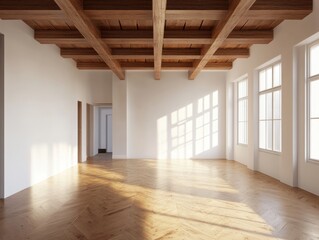 A large, empty room with wooden floors and a white ceiling. The room is very spacious and has a lot of natural light coming in through the windows. The room is very clean and well-maintained