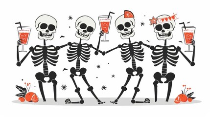 Four happy skeletons celebrating with drinks, dancing with festive hats, citrus slices, and confetti on a white background.