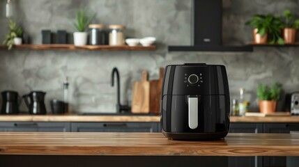 Black oil - free or air fryer appliance on a wooden table in a kitchen with a cement wall