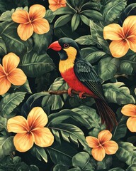 Vibrant Tropical Paradise: Lively Patterns with Colorful Birds and Lush Foliage