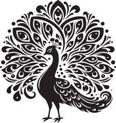 A striking peacock silhouette stands proudly, its magnificent tail feathers fanned out in a mesmerizing display of grandeur. The elegant curves and intricate details exude grace, beauty