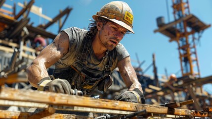 Construction worker diligently assembling scaffolding on a busy job site under a clear blue sky during daytime