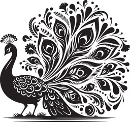 A striking peacock silhouette stands proudly, its magnificent tail feathers fanned out in a mesmerizing display of grandeur. The elegant curves and intricate details exude grace, beauty, and regal pre