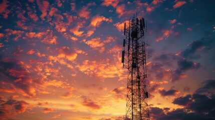 Naklejka premium Silhouette of an abstract telecommunication tower Antenna and satellite dish at sunset sky background.
