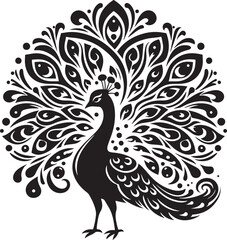 A striking peacock silhouette stands proudly, its magnificent tail feathers fanned out in a mesmerizing display of grandeur. The elegant curves and intricate details exude grace, beauty, and regal pre