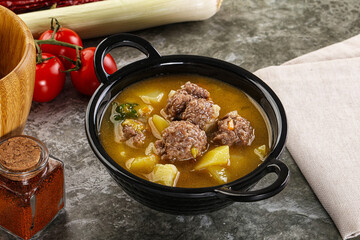 Soup with beef meatball and vegetables