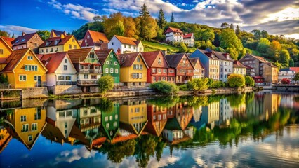 Naklejka premium A picturesque village along a river, with charming houses lining the riverbank, their colorful facades reflected in the water below.