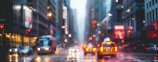 Fototapeta premium Urban city lights blurred background. Abstract city background with blurred lights of traffic and buildings. Perfect for use as a backdrop for any urban-themed project.
