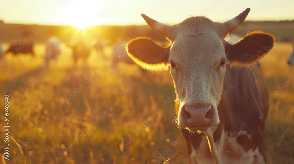 Poster a cow is standing in a field with the sun shining on it