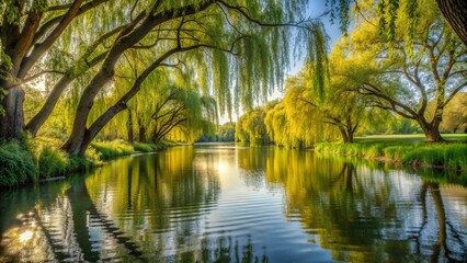 A quiet bend in a river, with overhanging branches of willow trees dipping into the water, creating a natural archway over the serene scene.