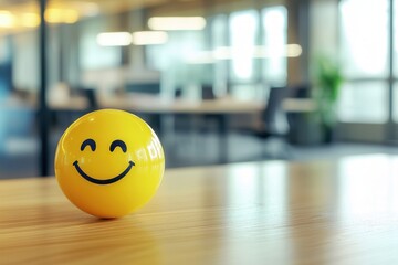 A bright yellow smiley face on a wooden desk in a modern office, symbolizing happiness, positivity, and workplace well-being. Perfect for concepts of stress relief, office culture, and mental wellness - Powered by Adobe