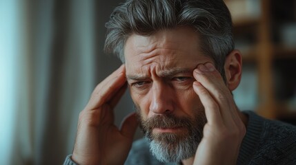 Mature man suffering from a strong headache is touching his temples